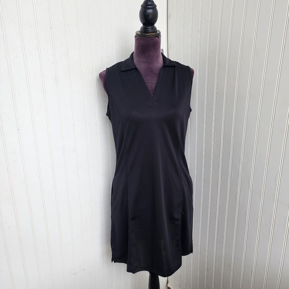 NWT $68 PGA Tour Airflux Golf Dress Black Athletic V-Neck Collared UPF 50 Sz M